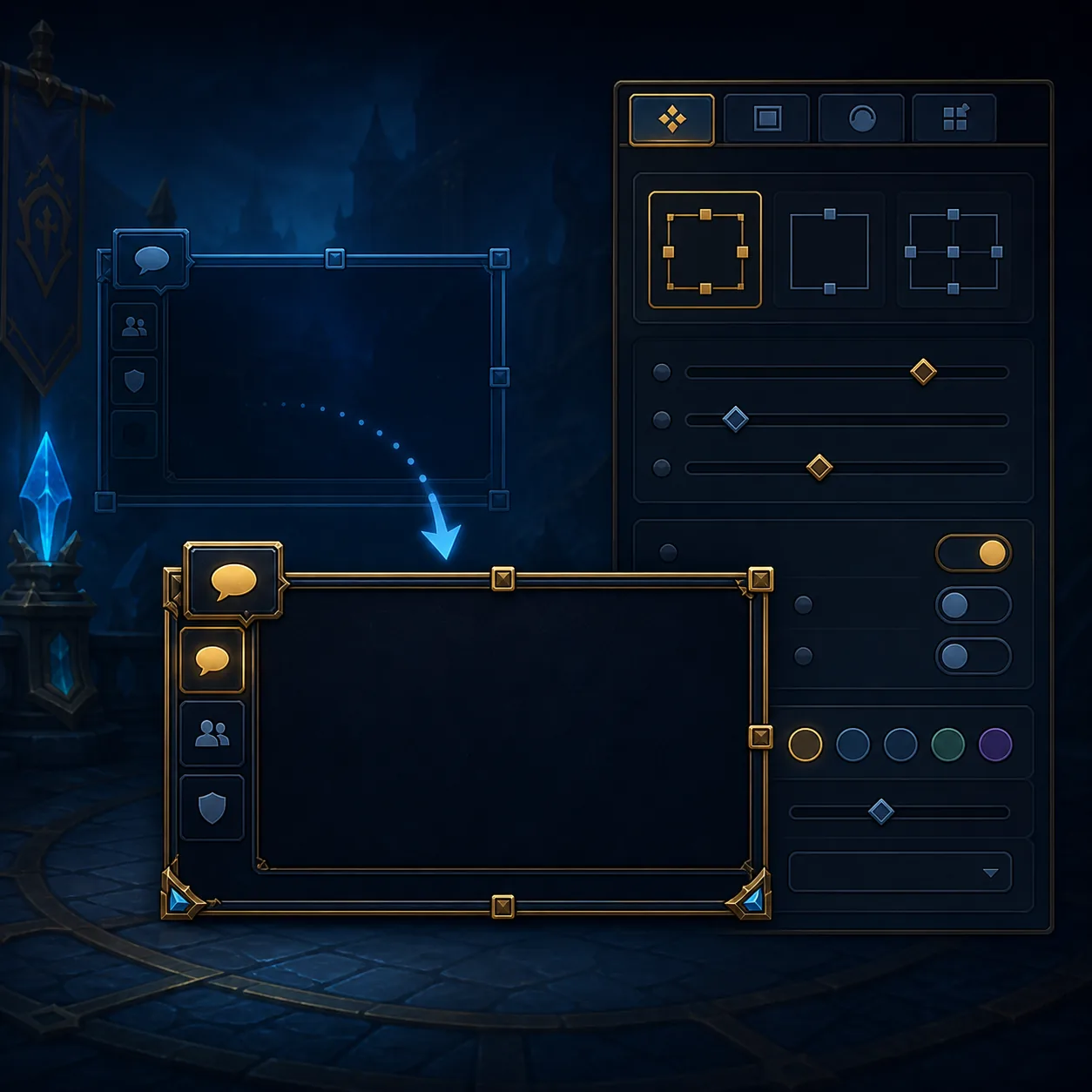 Text-free editorial concept showing ElvUI chat window anchors, sliders and duplicate-panel troubleshooting