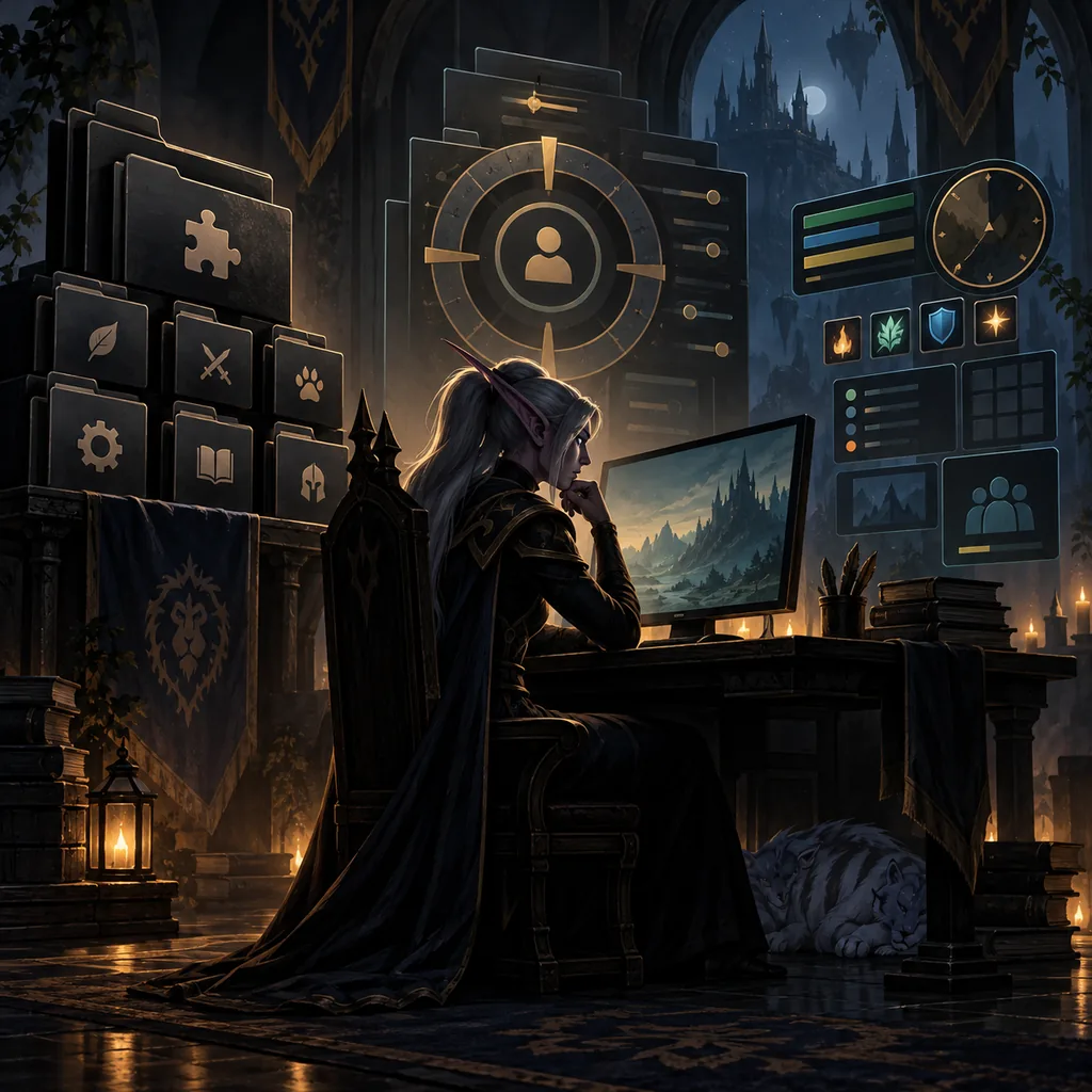 Redaktionelle Illustration eines Spielers, der ElvUI-Ordner, Profile und Module trennt