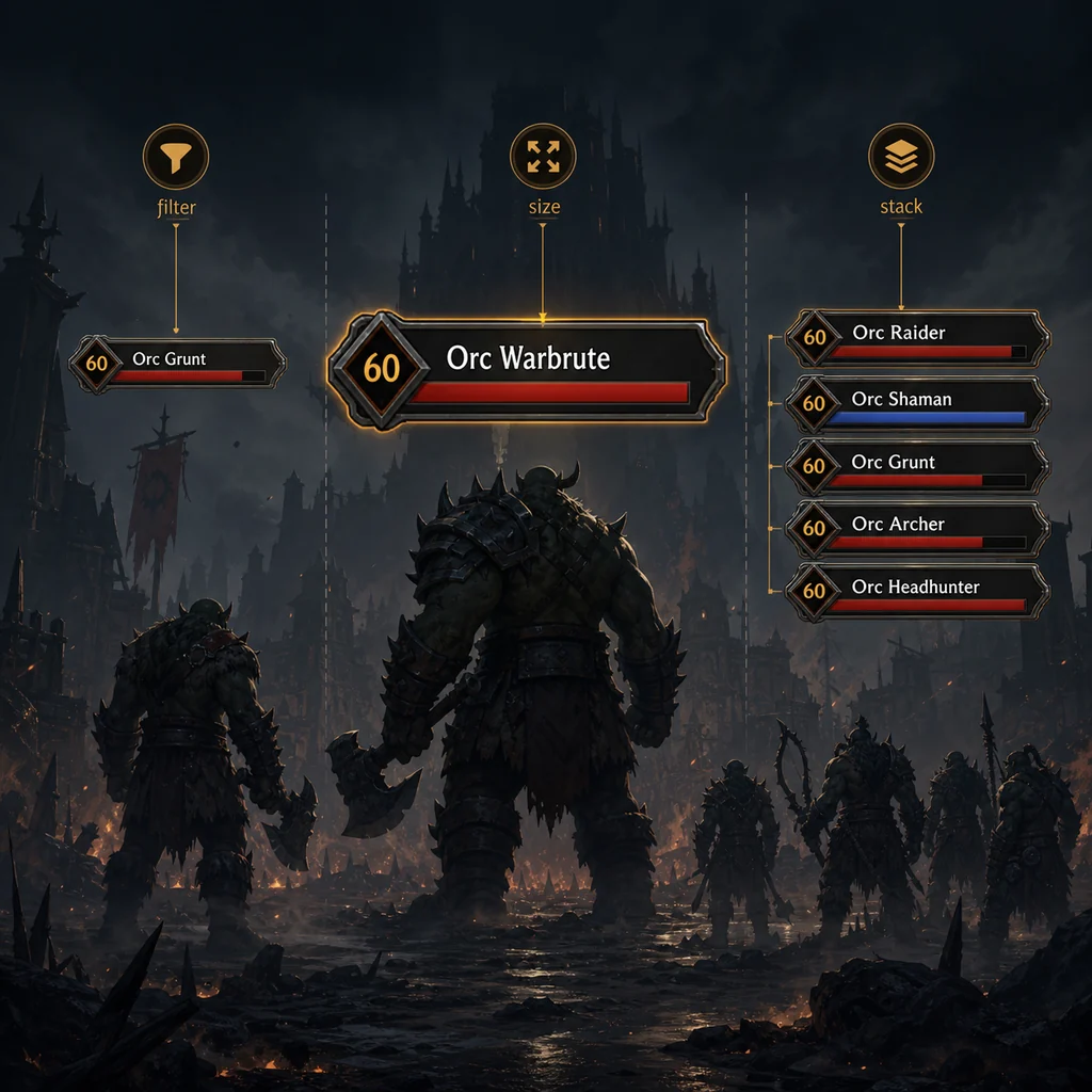 Concept illustration showing ElvUI nameplate filtering, size and stacking relationships