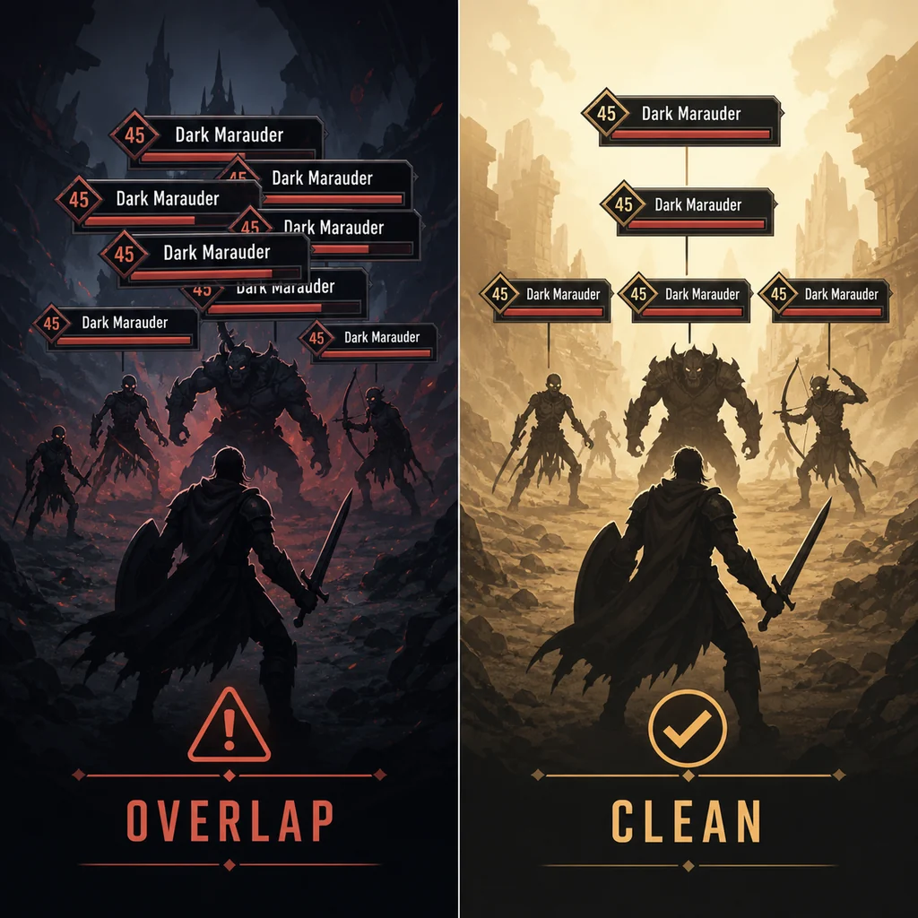 Concept comparison of overlapping versus cleanly stacked ElvUI nameplates